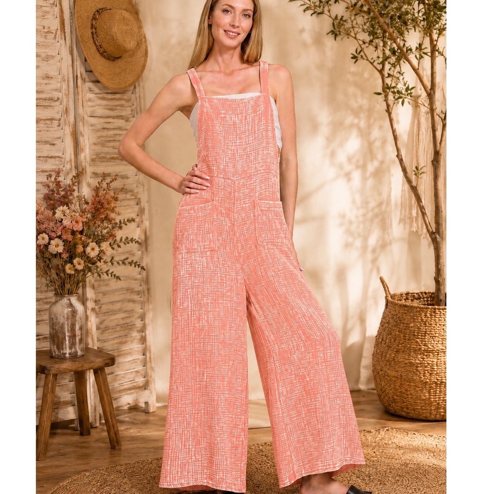 New Zenana Womens Peach Coral Cotton Muslin Wide Leg Overall Jumpsuit Boho Lage